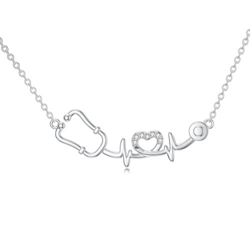 Diamond Stethoscope Necklace for Women 925 Sterling Silver Stethoscope Heartbeat Necklace Medical Jewelry Graduation Gifts for Nurse Doctor Medical Student