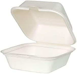 BIOZOYG Disposable Burger Box Take-Away Sugarcane Bowls Disposable Tableware Biodegradable I Bagasse Burger Box Compostable 500 ml Hinged Lid Box 14,3 x 15 cm I 50 Burger Clamshell Boxes square white