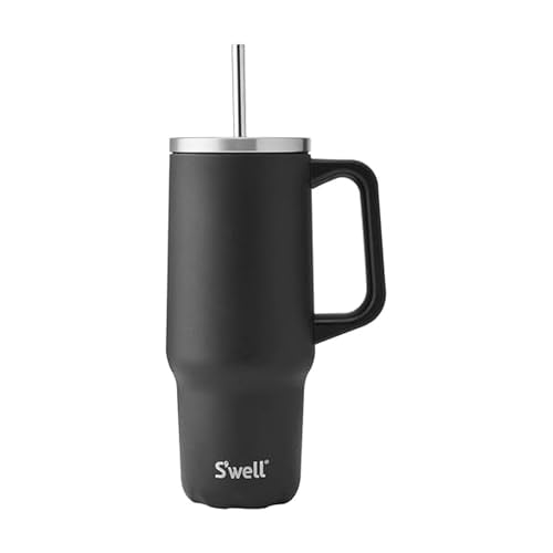 S'well Recycled Stainless Steel Tumbler XL with Straw and Handle, 30oz, Onyx, Triple Layered Vacuum Insulated Container Keeps Drinks Cold 36 hours and Hot for 9, BPA Free