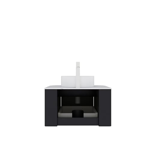 Image of KEIKI 24 inch Wall-Mounted Floating Bathroom Vanity with Sink Combo, Modern 3D Striped Storage Cabinet with Curved Edges & Soft-Close Drawer, Ceramic Basin Without Faucet, Black