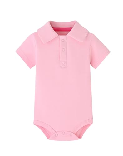 Image of Teach Leanbh Baby Boys Pure Color Cotton Short Long Sleeve Polo Bodysuit 3-24 Months (Pink, 6 Months)