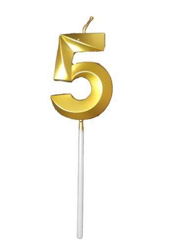 Image of Number 5 Cake Topping Candle for 5th Birthday /Anniversary Celebration Party Color - Gold