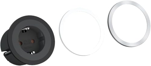 BACHMANN Einbausteckdose PIX 1x Steckdose mit 3 Zierringen (Schwarz Weiß und Edelstahl-Optik) 2m Kabel Tischsteckdose für Küche Büro oder Wohnraum Schwarz 926.001 (nur 45mm Einbautiefe)