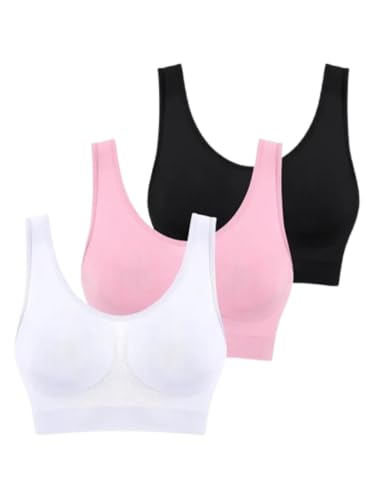 Boolavard 3-teiliges Set Nahtlose BHS für Damen Bügelloser Büstenhalter Crop Top Weiche Sport-Tank-BHS Damen Dessous Weste (DE/NL/SE/PL, Alphanumerisch, M, Regular, Regular, Weiß Babyrosa Schwarz)