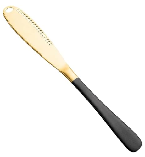 Image of Butter Spreader Knife, Stainless Steel, 3 in 1 Kitchen Gadgets, Curler, Butter Grater, Shredding Slots and with Serrated Edge Knife with Hole (Gold-Black, Set of 1)