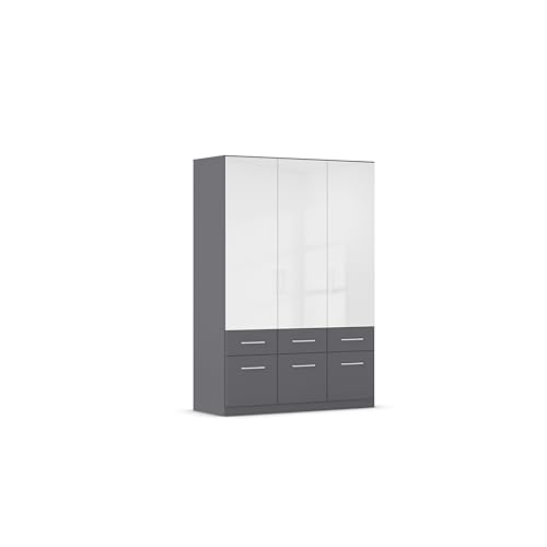 Rauch Möbel Aberdeen, Drehtürenschrank, Kleiderschrank, Schrank, Garderobe, 3-türig, 6 Schubladen in Absetzung Grau metallic, Schwarz, Farbe Grau metallic/Hochglanz weiß, Griffe Weiß, 136x197x54cm Rauch Möbel Aberdeen, Drehtürenschrank, Kleiderschrank, Schrank, Garderobe, 3-türig, 6 Schubladen in Absetzung Grau metallic, Schwarz, Farbe Grau metallic/Hochglanz weiß, Griffe Weiß, 136x197x54cm