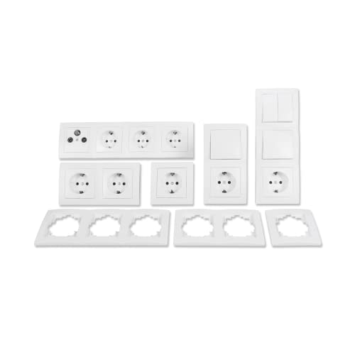 MC POWER - FLAIR - Juego de enchufes e interruptores de pared I Salón I 20 piezas I Interruptor de luz, toma de corriente Schuko, toma de antena blanco mate