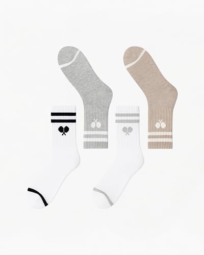 L’ORANGE Court Crew Pickleball Socks – 4-Pack | Premium Cotton Athletic Crew Socks for Men & Women | Neutral Tones, Varsity Stripe | Cushioned, Breathable, Stylish Gift Set3