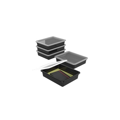 Storex Flat Storage Tray with Lid, Letter Size, 10 x 13 x 3 Inches, Black, 5-Pack