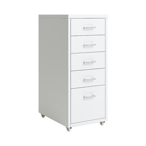 Archivador móvil de metal con 5 cajones con ruedas, color blanco, compacto, 28 cm de largo x 40,9 cm de ancho x 69 cm de alto, ideal para almacenamiento en el hogar y la oficina, solución de archivo