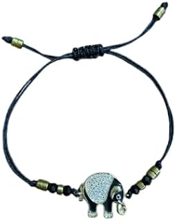 A bracelet of black rope with beads and a small elephant اسورة يدوي من خيط أسود مع دلاية فيل فضية – سوار قابل للتعديل للرجال والنساء