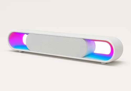 RGB Sound Bar Bluetooth Speaker with Dynamic LED Lights, Dual Bass Drivers, White, Wireless Computer Speaker for Gaming, Home Theater, Desktop PC