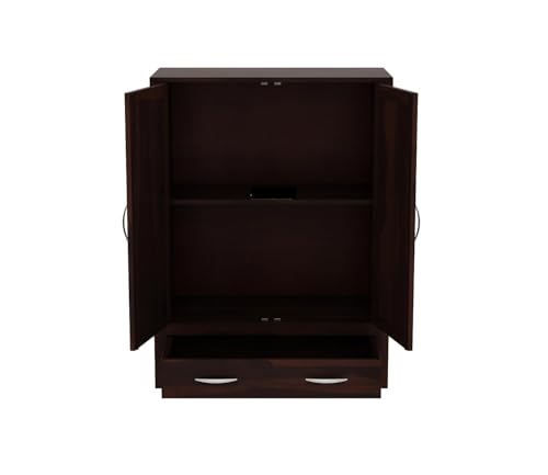 Image of Sheesham Wood Wooden 2 Door Wardrobe Organizer for Clothes | - Solid Wood Almirah with 1 Drawers, 2 Shelves - Cupboard for Large Bedroom, Walnut Finish