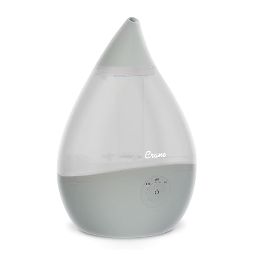 Image of Crane Teardrop Ultrasonic Cool Mist Baby Humidifier for Nursery, Essential Oil Diffuser, Adjustable Settings, Auto Shut-Off, Grey, 0.5 Gallon