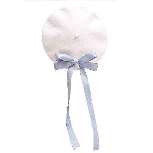 Elegant Bowknot Beret Vintage Painter Hat Women's Lovely Ribbon Wool Cap Lolita Girl (Light Blue Bowknot White Beret)