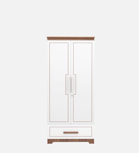 Image of COUCH CULTURE Amber Engineered Wood 2 Door Wardrobe with Drawer | Almirah | Wardrobe with Hanging Rode and Lock | Storage Organizer | Multipurpose Almirah | 1 Year Warranty - White & Leon Teak