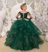 Girls Long Sleeve Flower Girl Dresses for Wedding Lace Applique Pageant Dress Beaded Princess Ruffles Tulle Ball Gown2