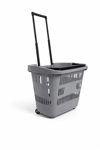 Cesta de la compra rodante de 31 litros con ruedas y mango telescópico, cesta apilable de plástico para venta al por menor, carrito resistente (gris) - Perfecto para comestibles y compras
