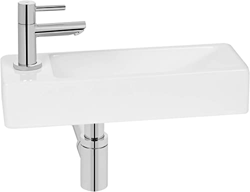 Saqu Wave Waschtischset mit chromem Hahn Links, Glänzend weißes Keramik - Waschbecken für Unterschrank, Waschtisch für Gäste WC
