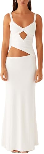 Image of Yiulangde Womens Elegant Spaghetti Strap Maxi Dress Backless Cut Out Bodycon Summer Cami Dress Sexy Formal Cocktail Dresses A-White