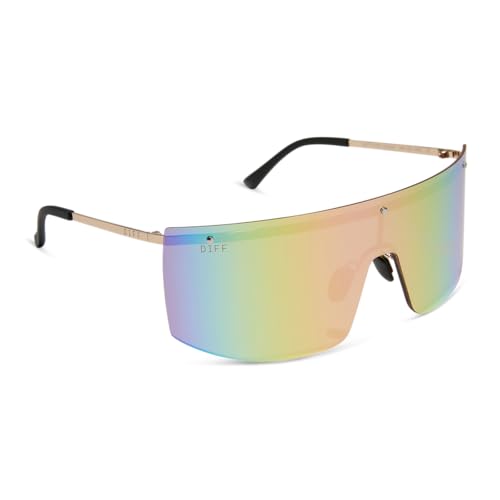 DIFF Sport Grandslam Designer Oversized Shield Sunglasses for women Polarized protection, Gold + Sherbert Rainbow Mirror