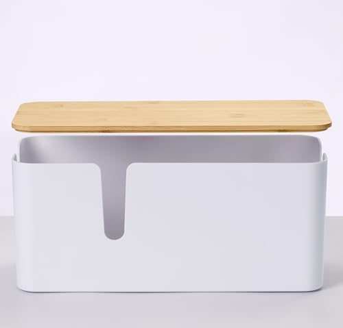 Image of ZhiYo Large Cable Management Box, Thick ABS Power Strip Organizer, White | Extra-Tall Design for Oversized Adapters, Natural Bamboo Lid, Fits Power Strips Up to 12.5 inch Long, Ideal for Desks, TV Areas