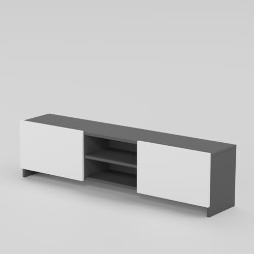 Image of Modern Living Room TV Stand with Open Display Compartment, Dual Side Storage Units, and Clean Contemporary Design for Home Decor | Assembly-DIY | Color-Grey & White