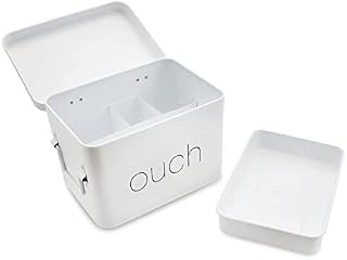 AQ Organizational Divided Metal Tin Caddy with Hinged Lid & Removable Tray, Storage Box for First Aid, Medicine and Pharmacy Items, Bandages, Toiletries, Bathroom Supplies - Matte White & Black