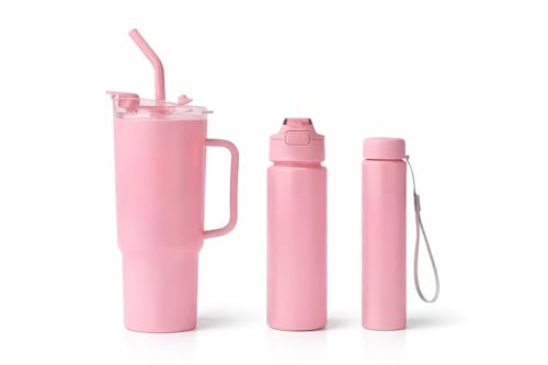 Image of Large Handle Water Bottle with Straw for Desk, Office, Travel - 1200 /900 /300 ML Gradient & Matte Hydration Bottle Set (plan pink)