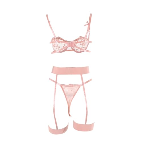 Image of Women Cute Bra Panty Lingerie Set with Garter Belt Lace Teddy Strap Babydoll Lingerie Romantic Bikini with Panty Gown Set for Women Party Set
