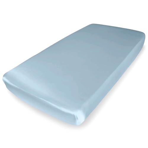 Image of Mulberry Park Fitted Silk Crib Sheet - Grade 6A Pure 19 Momme Toddler Bedding - Gentle on Baby's Delicate Skin, Helps with Bald Spot, Eczema, Dry Skin & Cradle Cap - 28" x 52" / Bedtime Blue