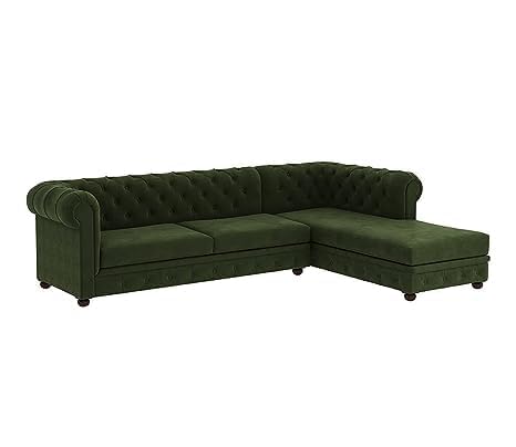 Image of Solid Wood Velvet Fabric L Shape Sofa Sofa for Living Room Button Tufted Sofa Chair for Home & Office (Left Aligned L-Shaped (Left Aligned L-Shaped Green)