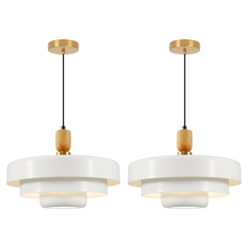 Image of 2-Pack White 3-Tier Pendant Light, Mid Century Modern Metal & Wood Hanging Lamp, Adjustable 59 inch Cord, E26 Base for Kitchen Island Dining Room