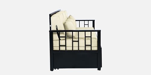 Image of Wiki 3 Seater Metal Sofa Cum Bed with Hydraulic Storage | Queen Size Sofa Cuma Bed | 3 Seater Sofa Set, Metal Sofa Set for Living Room (Matte Black Finish with White Cushion)