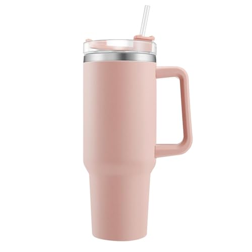Bicchiere Termico 1,2L con Manico e Cannuccia Tazza Termica in Acciaio Inox Doppia Parete 40oz Thermos per Bevande Calde e Fredde Auto Viaggio Palestra Rosa