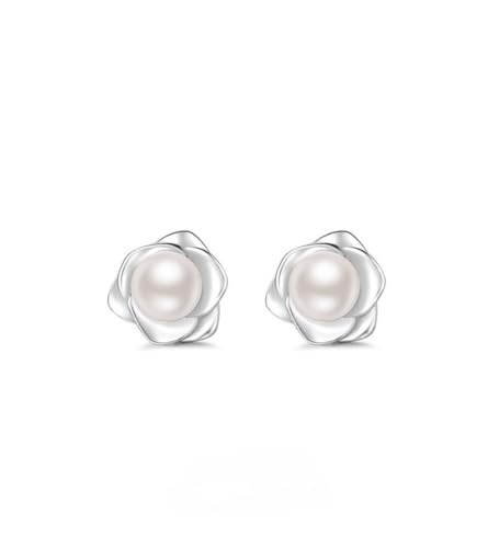 YAXUN Pendientes de perlas de flores para mujer en plata de ley 925 - Pendientes de botón hipoalergénicos de camelia y flor de rosa con perla blanca - Regalo de joyería perfecto para mujer