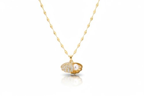 KuchhBhiKharido Gold-Toned Seashell Pendant Necklace with Pav Cubic Zirconia and Lustrous Pearl