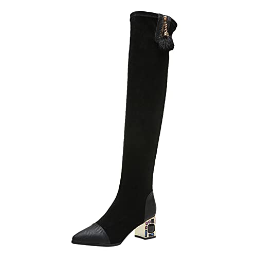 Bottes rétro pour femmes à talon épais et bout pointu en cuir stretch