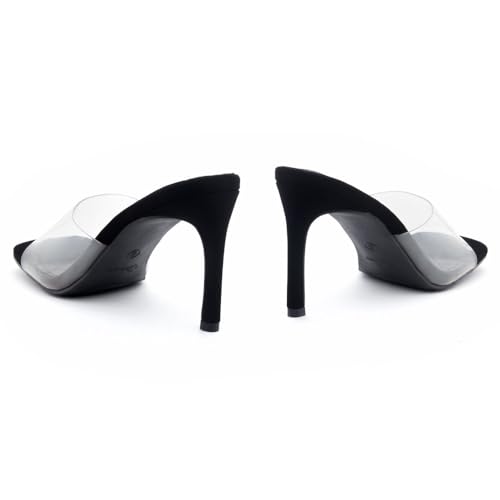 Image of Shoe Land Melrose Women's High Heels Stiletto Heeled Slides, Square Open Toe One Band Slip-On Heeled Mules - Dressy Clear Heeled Sandals for Prom Party Wedding and Vacation