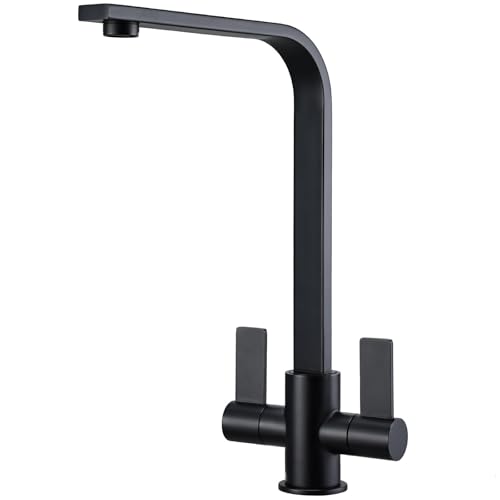 Hapilife Black Kitchen Tap Dual Lever with Modern L-Shape Spout Single Hole