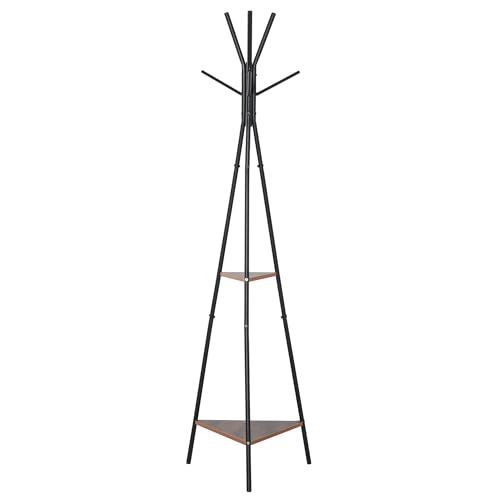 HOMCOM Porte-manteau trépied style industriel branches 2 étagères + 6 patères dim. 52L x 46l x 182H cm métal noir panneaux particules boisés