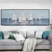 Póster de cuadro abstracto de velero blanco en el mar estilo nórdico de 30x90cm 2
