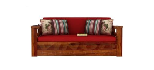 Image of Solid Sheesham Wood Sofa Set Cum Bed Furniture With Storage For Home And Office Living Room (Queen Size, Honey Finish) - Brown - 3 Seater