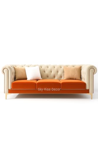 Sky Rise Decor Modern Classic Sofa Couch Fabric & Valvet Tufted Chesterfield Sofa Living Room and Office (Orange & Beige 3 Seater)