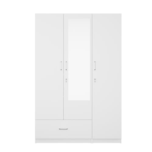 Image of VIKI Wardrobe | Wooden Almirah for 3 Door Wardrobe with 1 Drawer & Hanging Space with Mirror (Frosty White - 40D x 120W x 180.8H) | 1 Year Warranty | Free Assembly
