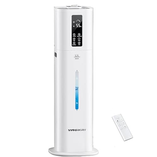 VAGKRI 12L Large Room Humidifier, 120H Long Lasting Cool Mist, 3 Mist Levels, Auto Humidity Adjustment, Top Fill Design with Essential Oil Tray for Bedroom, Home, Plants, Baby