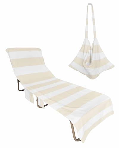 Beach Pool Patio Lounge Chaise Chair Cover Towel with Pockets,Cream Striped Absorbent & Quick Dry Microfiber Towel Cover Bag Summer Travel Accessories Geometric White Vertical Stripes Minimalist