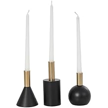 Deco 79 Wood Geometric Decorative Candle Holder Candle Stand with Varying Shapes and Gold Accents, Set of 3 Candlestick Holder 7", 5", 6" H, Black