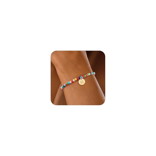 KELAIEN Gold Initial Beaded Bracelets for Women Trendy Colorful Initial Bracelet 14K Gold Plated Stack Letter A-Z Charm Bracelet Non Tarnish Dainty Stuff Boho Jewelry Cute Birthday Gifts for Wife