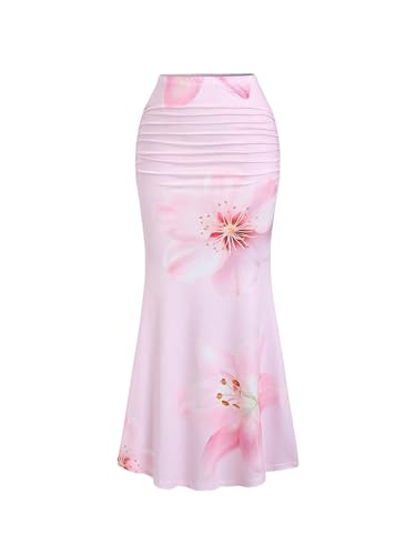 Milumia Women's Floral Print Ruched Long Skirt Fishtail Bodycon Maxi Skirts